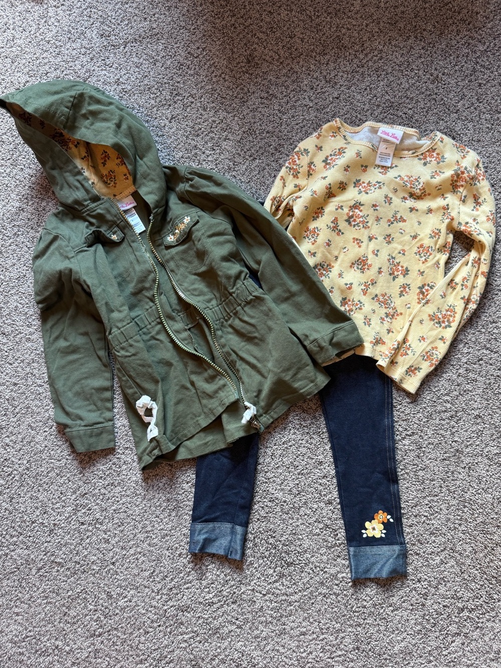 Little Lass Olive Hooded Raincoat with Yellow Floral Top and Dark Blue Leggings